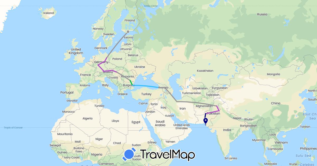 TravelMap itinerary: driving, bus, plane, train, boat in Austria, Bulgaria, Germany, Finland, Georgia, Hungary, Iran, Pakistan, Romania (Asia, Europe)